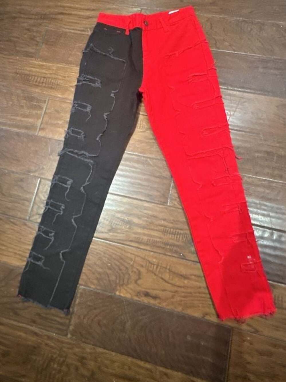 KDNK Red and Black Contrast Distressed Stacked Split Leg Jeans kids 12y